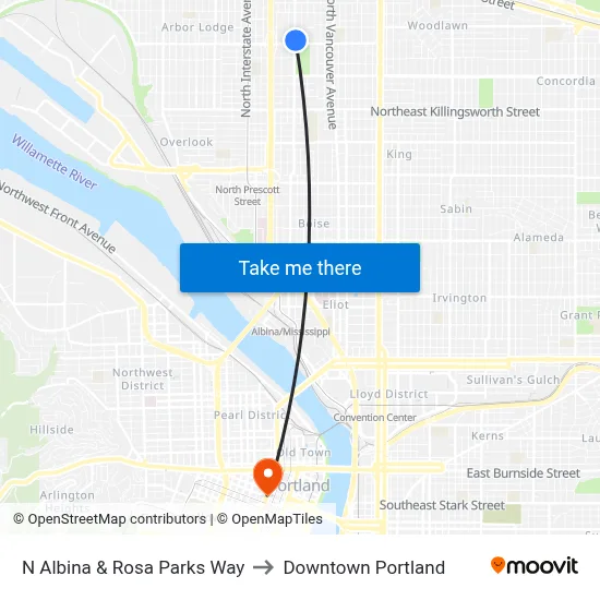 N Albina & Rosa Parks Way to Downtown Portland map
