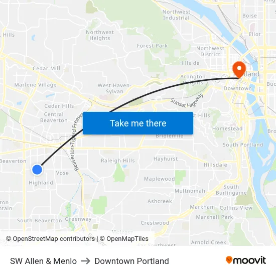 SW Allen & Menlo to Downtown Portland map