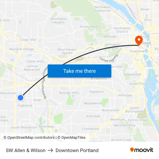 SW Allen & Wilson to Downtown Portland map