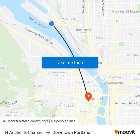 N Anchor & Channel to Downtown Portland map