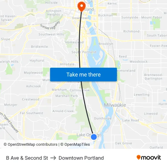 B Ave & Second St to Downtown Portland map