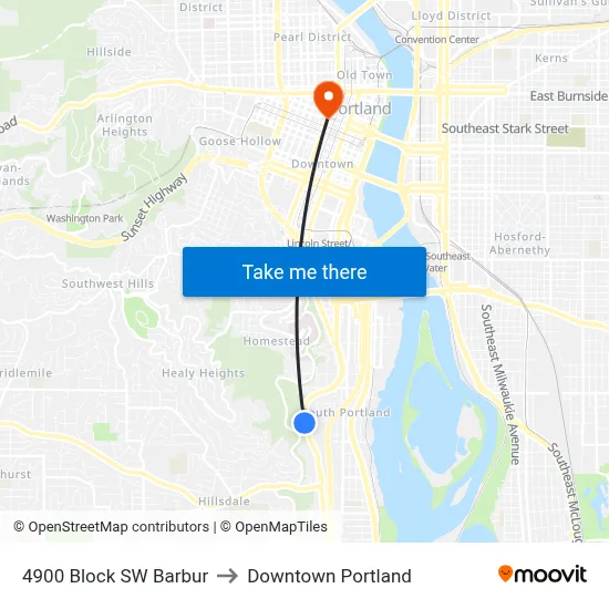 4900 Block SW Barbur to Downtown Portland map