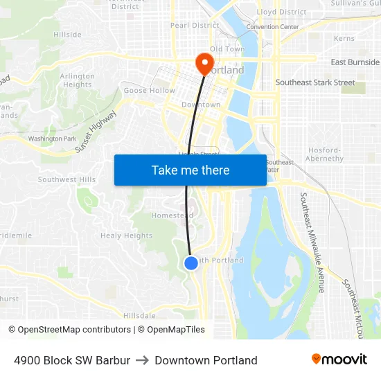 4900 Block SW Barbur to Downtown Portland map