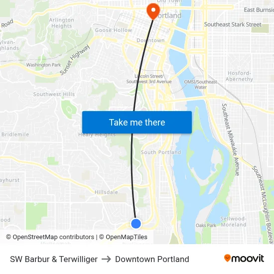 SW Barbur & Terwilliger to Downtown Portland map