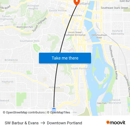 SW Barbur & Evans to Downtown Portland map