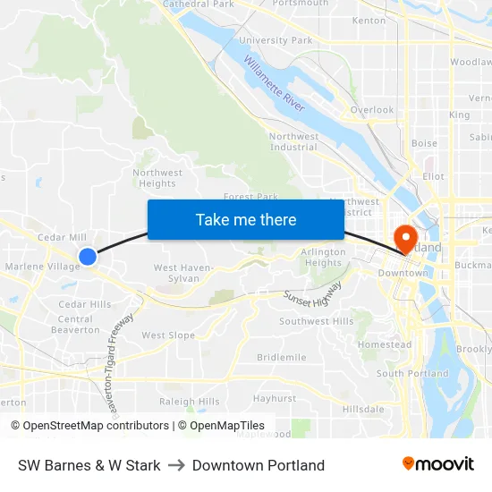 SW Barnes & W Stark to Downtown Portland map
