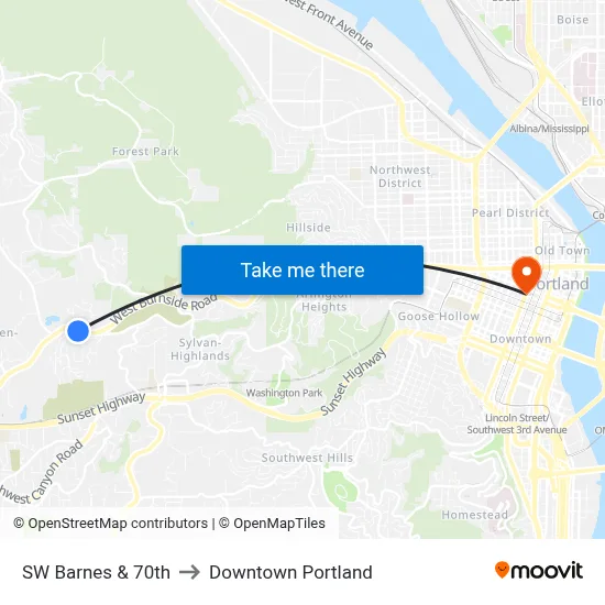 SW Barnes & 70th to Downtown Portland map