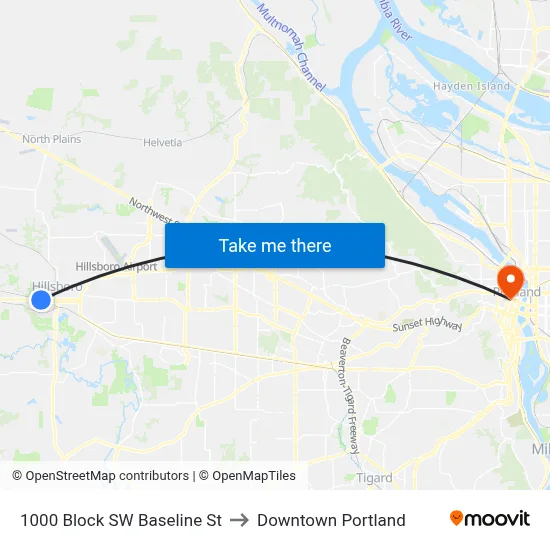 1000 Block SW Baseline St to Downtown Portland map