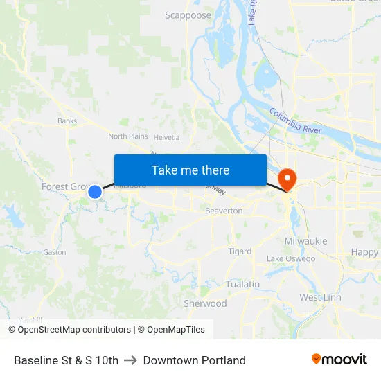 Baseline St & S 10th to Downtown Portland map