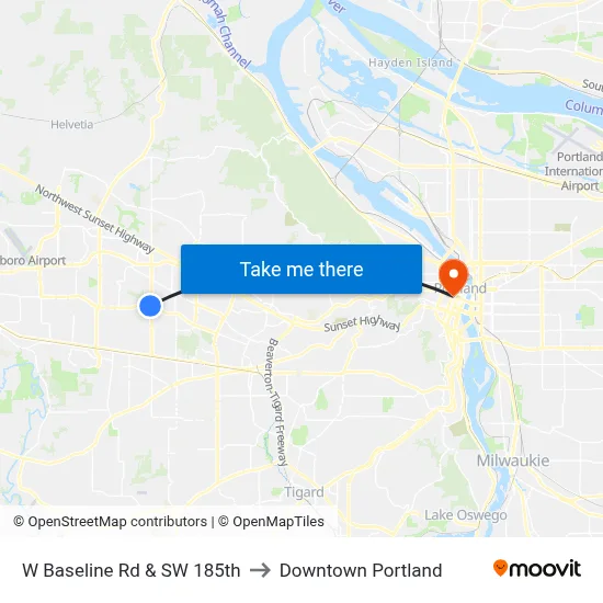 W Baseline Rd & SW 185th to Downtown Portland map