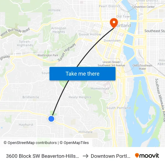 3600 Block SW Beaverton-Hillsdale to Downtown Portland map