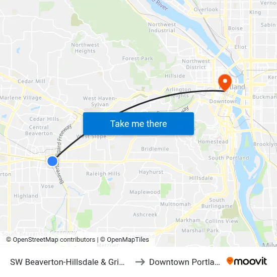 SW Beaverton-Hillsdale & Griffith to Downtown Portland map