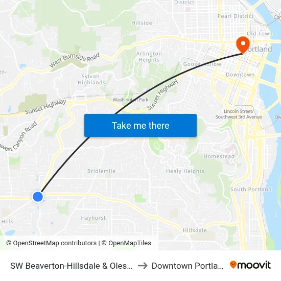 SW Beaverton-Hillsdale & Oleson to Downtown Portland map