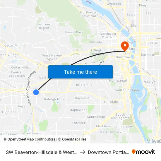 SW Beaverton-Hillsdale & Western to Downtown Portland map