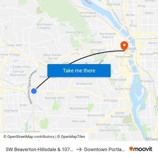 SW Beaverton-Hillsdale & 107th to Downtown Portland map