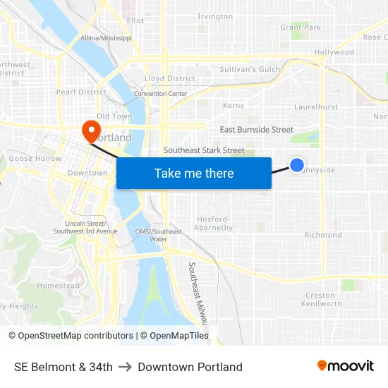 SE Belmont & 34th to Downtown Portland map