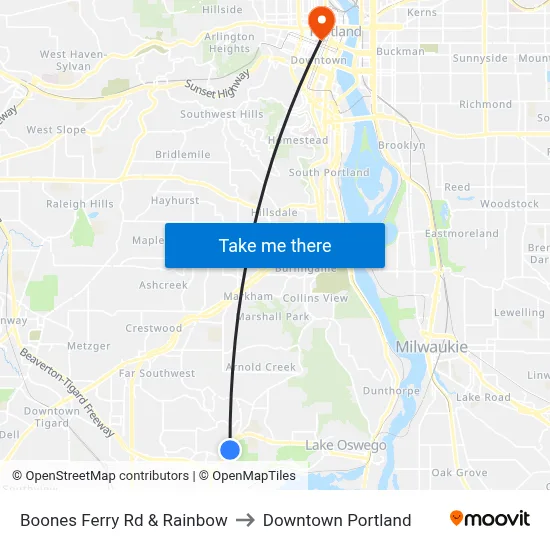 Boones Ferry Rd & Rainbow to Downtown Portland map