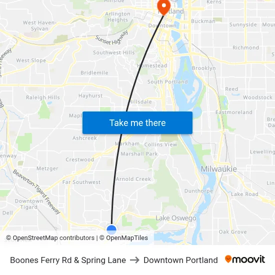 Boones Ferry Rd & Spring Lane to Downtown Portland map