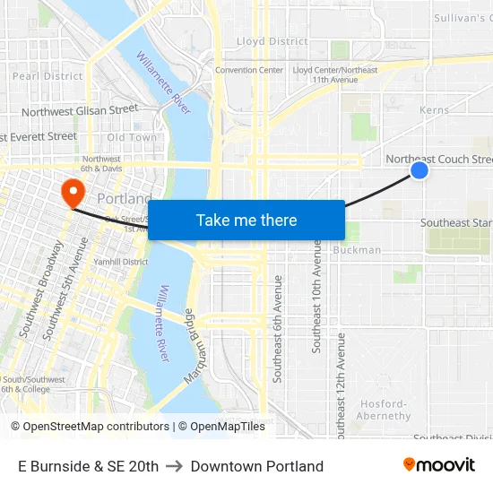 E Burnside & SE 20th to Downtown Portland map