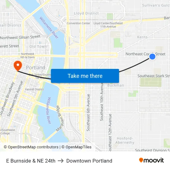 E Burnside & NE 24th to Downtown Portland map