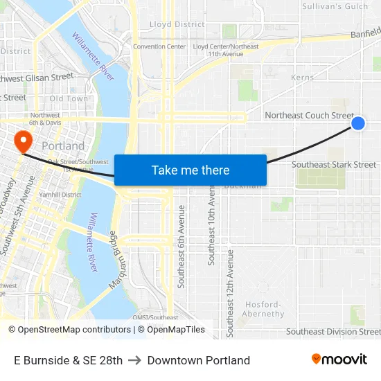 E Burnside & SE 28th to Downtown Portland map