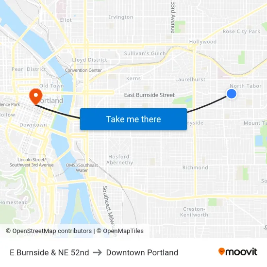 E Burnside & NE 52nd to Downtown Portland map