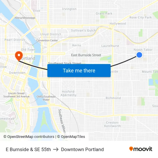 E Burnside & SE 55th to Downtown Portland map