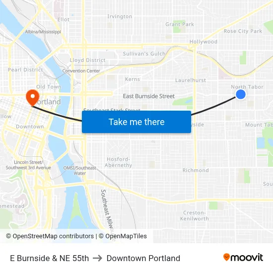E Burnside & NE 55th to Downtown Portland map