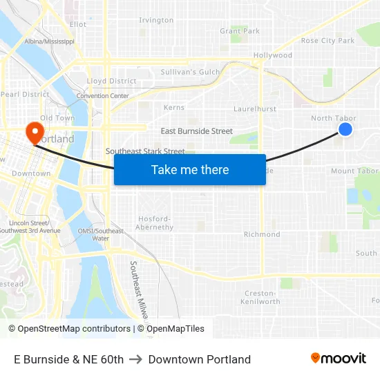 E Burnside & NE 60th to Downtown Portland map
