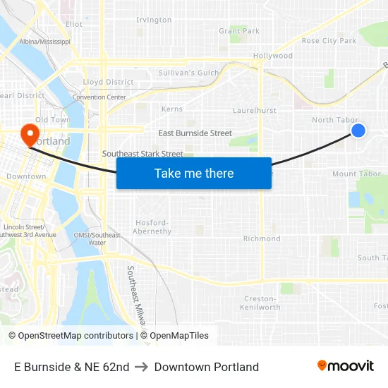E Burnside & NE 62nd to Downtown Portland map