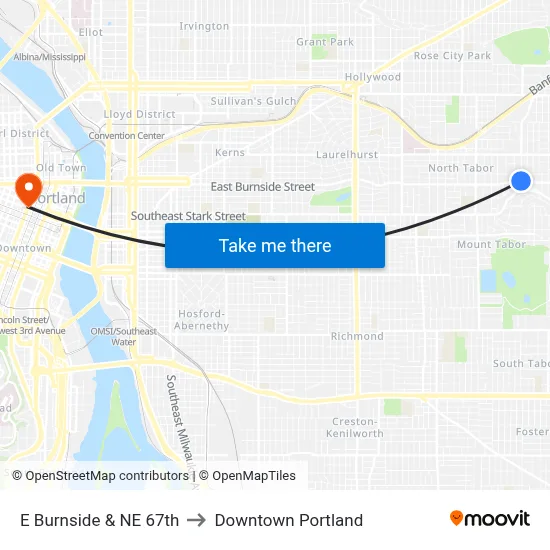 E Burnside & NE 67th to Downtown Portland map