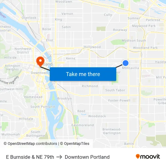 E Burnside & NE 79th to Downtown Portland map