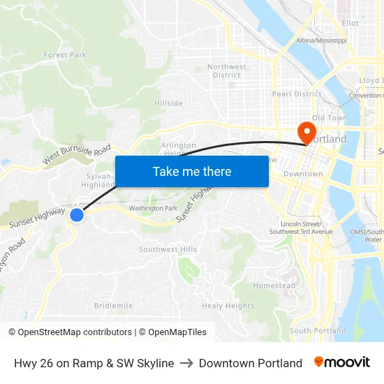 Hwy 26 on Ramp & SW Skyline to Downtown Portland map