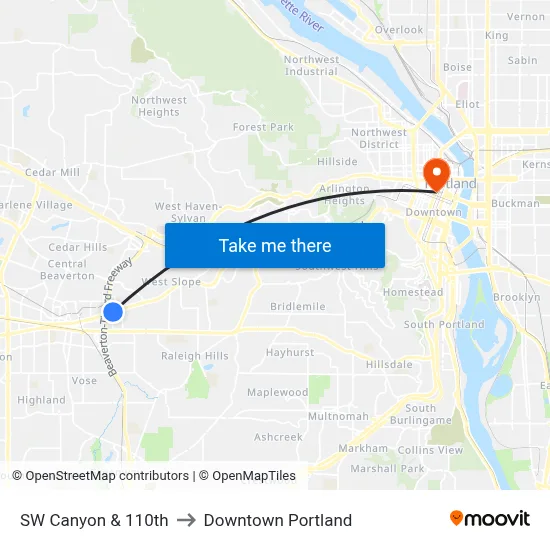 SW Canyon & 110th to Downtown Portland map