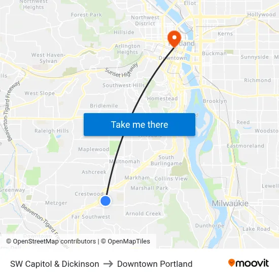SW Capitol & Dickinson to Downtown Portland map