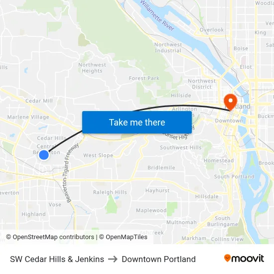 SW Cedar Hills & Jenkins to Downtown Portland map