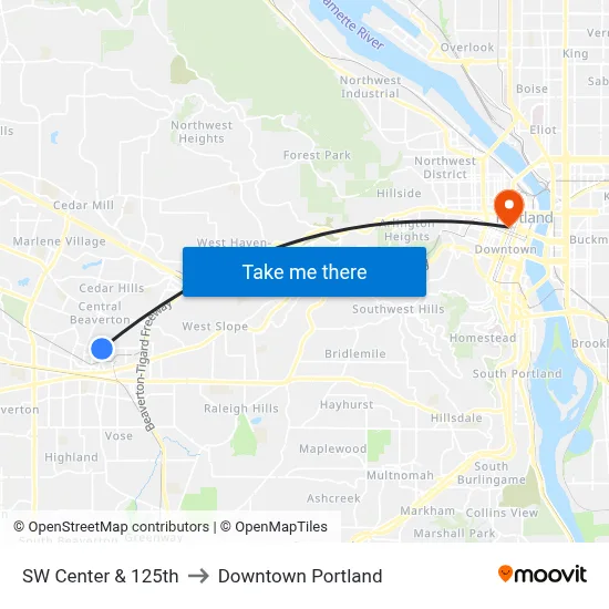 SW Center & 125th to Downtown Portland map
