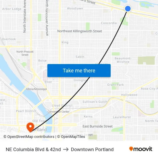 NE Columbia Blvd & 42nd to Downtown Portland map