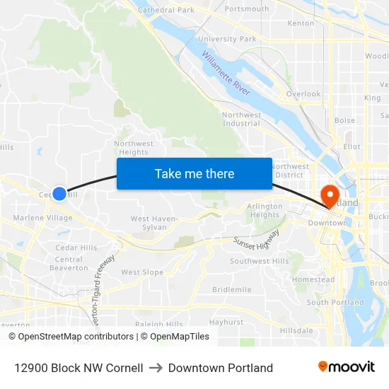 12900 Block NW Cornell to Downtown Portland map