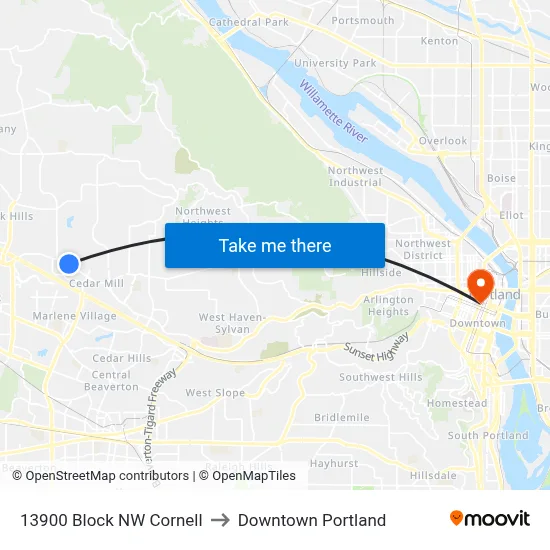 13900 Block NW Cornell to Downtown Portland map