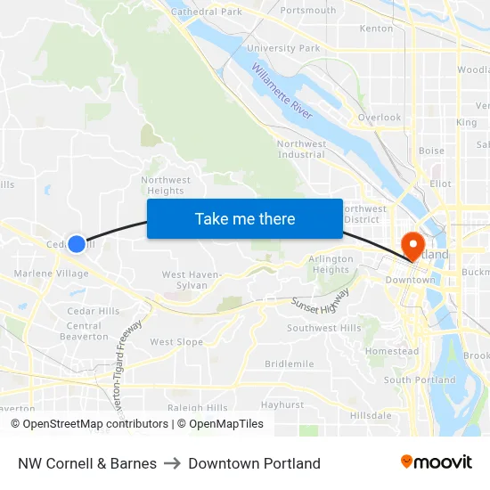 NW Cornell & Barnes to Downtown Portland map