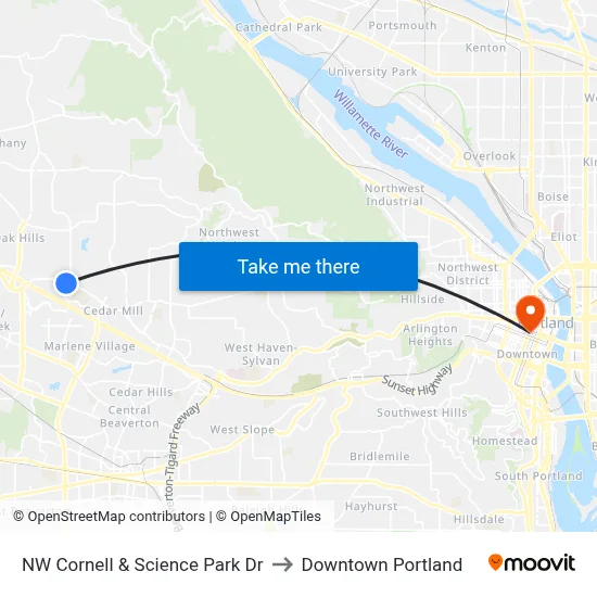 NW Cornell & Science Park Dr to Downtown Portland map