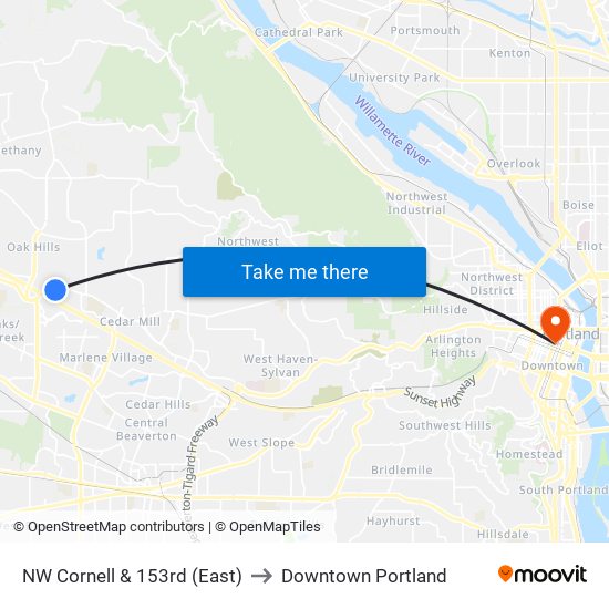 NW Cornell & 153rd (East) to Downtown Portland map