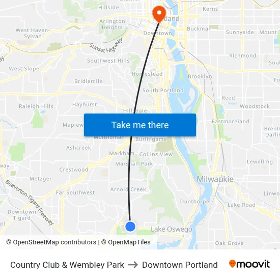 Country Club & Wembley Park to Downtown Portland map