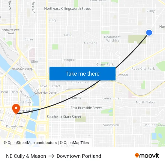 NE Cully & Mason to Downtown Portland map