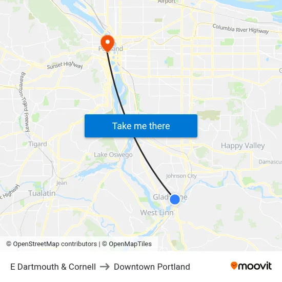 E Dartmouth & Cornell to Downtown Portland map