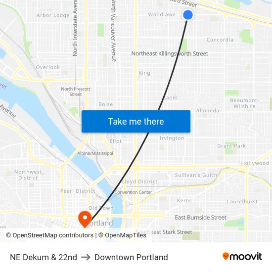 NE Dekum & 22nd to Downtown Portland map