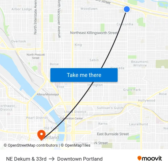 NE Dekum & 33rd to Downtown Portland map