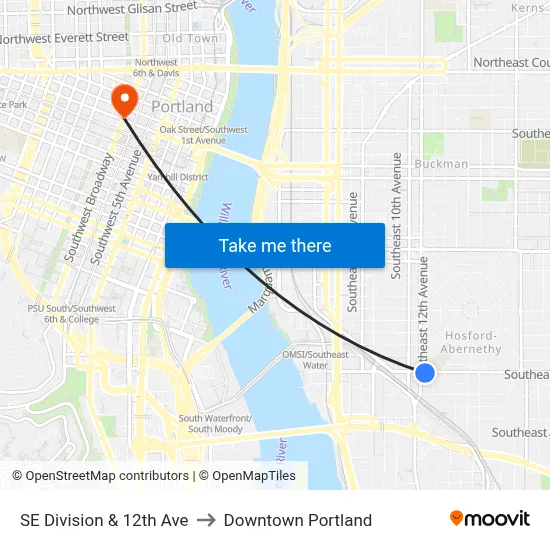 SE Division & 12th Ave to Downtown Portland map