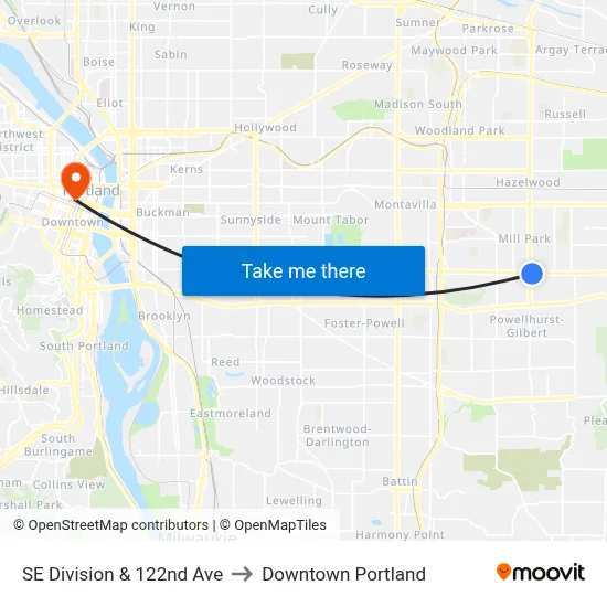 SE Division & 122nd Ave to Downtown Portland map